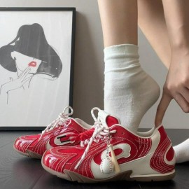 Vintage Baseball Style Casual Shoes | Autumn New Color-Block Racing Sneakers, Versatile Thin Sole Trendy Sports Shoes, Low Top, Fabric Upper and Sole, Plain Toe, Lace-up Closure