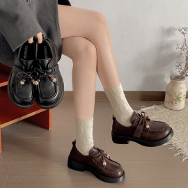 Women's Height Increasing Thick Platform Loafers - Korean Style Low-Top Brown with Sole, Cushioned for Petite, Spring/Autumn Outfits (, Casual Attire) - Care Fabric Upper & Insole