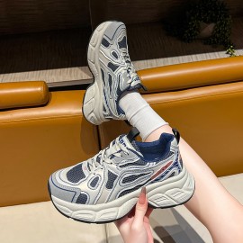Soft-Soled Comfortable Dad Sneakers | Women'S Thick-Soled Height-Increasing Versatile Sports Shoes with EVA and Fabric Upper, PVC and Sole, Lace-up Closure, Solid Color, Plain Toe, Low Top, All-Season