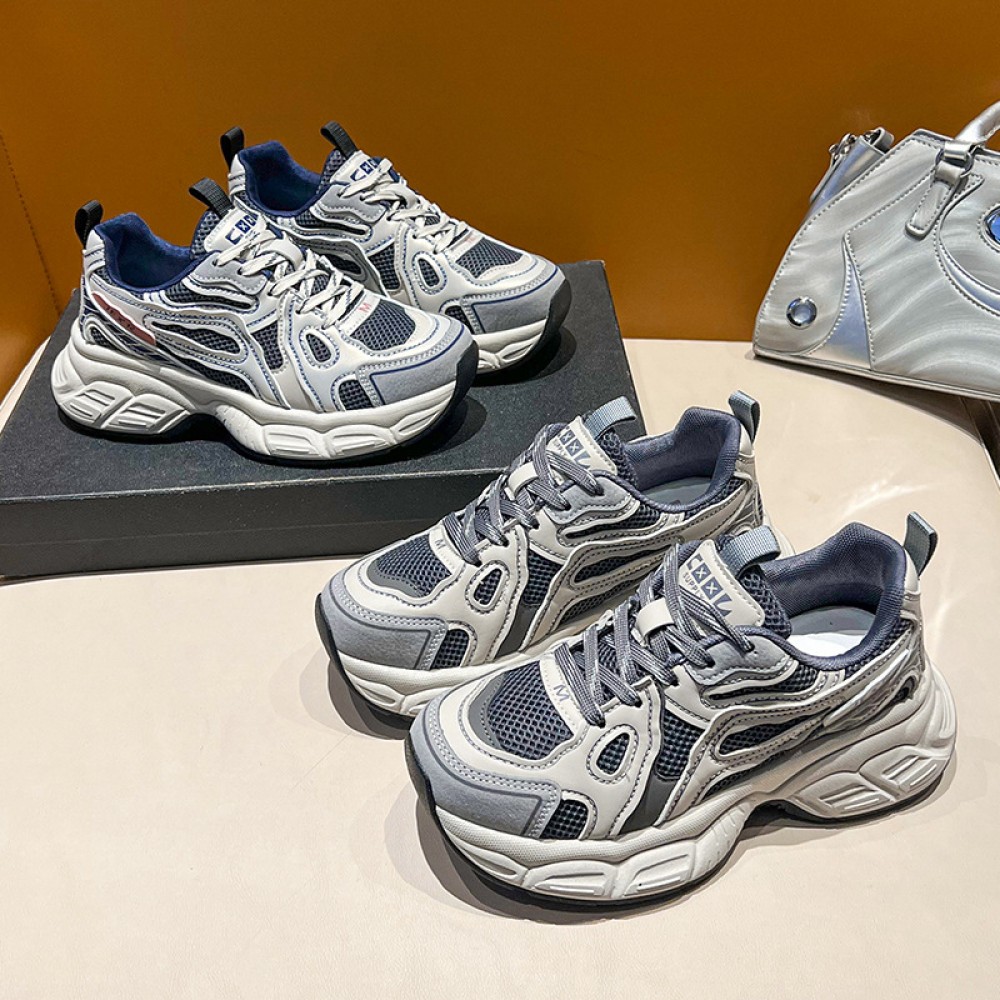 Soft-Soled Comfortable Dad Sneakers | Women'S Thick-Soled Height-Increasing Versatile Sports Shoes with EVA and Fabric Upper, PVC and Sole, Lace-up Closure, Solid Color, Plain Toe, Low Top, All-Season