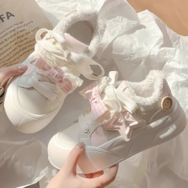 Women's White Sneakers with Platform Sole - Comfortable Walking Shoes Suitable for, Round Toe Mid-Top Casual Sneakers, Lightweight Outsole, Cushioned PVC - Casual Attire, Spring/Fall Transitional Footwear (New Arrival), Women Shoes