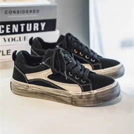 Men's Vintage Distressed Black & White Low-Top Canvas Sneakers - Retro Streetwear Lace-Up Shoes with Durable Rubber Sole & Cushioning, Round Toe Casual Wear Suitable for - (Aged Black/White)