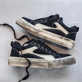 Men's Vintage Distressed Black & White Low-Top Canvas Sneakers - Retro Streetwear Lace-Up Shoes with Durable Rubber Sole & Cushioning, Round Toe Casual Wear Suitable for - (Aged Black/White)