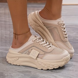 Women's Breathable Mesh Sneakers with Thick EVA Sole - Beige Slip-On Casual Shoes, Cushioned Comfortable - Footwear Suitable for Walking, Standing & Casual Attire, Women Shoes