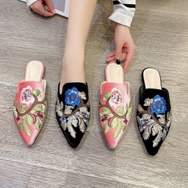 Women's Summer Outdoor Slippers Large Size New Pointed Embroidered Mules Flat Fashion Closed Toe Lazy Half Slippers, Women Shoes