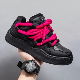 Men'S & Women'S Chunky Platform Sneakers - Korean Retro Style Wide Width Shoes with Thick EVA Sole, Low-Top Round Toe & Lace-Up Closure, /Pink Colorway - All-Match Casual Footwear for Spring/Autumn, Versatile for Everyday & Statement Outfits