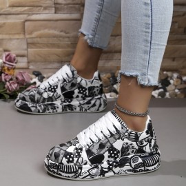 Women's Graffiti Print Low-Top Sneakers with Sole - Round Toe Lace-Up Casual Shoes, Urban Streetwear Style, & Outsole for All-Season Sports & Casual Attire - Comfortable Durable Graffarti Shoes for &