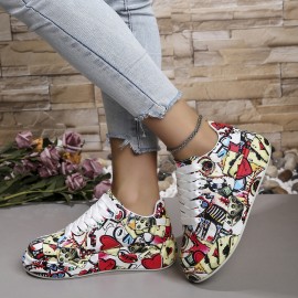 Women's Graffiti Print Low-Top Sneakers with Sole - Round Toe Lace-Up Casual Shoes, Urban Streetwear Style, & Outsole for All-Season Sports & Casual Attire - Comfortable Durable Graffarti Shoes for &