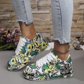 Women's Graffiti Print Low-Top Sneakers with Sole - Round Toe Lace-Up Casual Shoes, Urban Streetwear Style, & Outsole for All-Season Sports & Casual Attire - Comfortable Durable Graffarti Shoes for &
