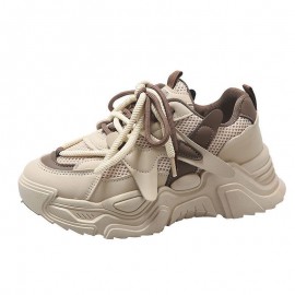 New Beige Mesh Chunky Platform Dad Sneakers Women- Summer Breathable Cloud-Like Cushioning Casual Sporty Shoes, Trendy Height Increasing Footwear Daily& Streetwear Outfits, Women Shoes