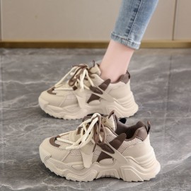 New Beige Mesh Chunky Platform Dad Sneakers Women- Summer Breathable Cloud-Like Cushioning Casual Sporty Shoes, Trendy Height Increasing Footwear Daily& Streetwear Outfits, Women Shoes