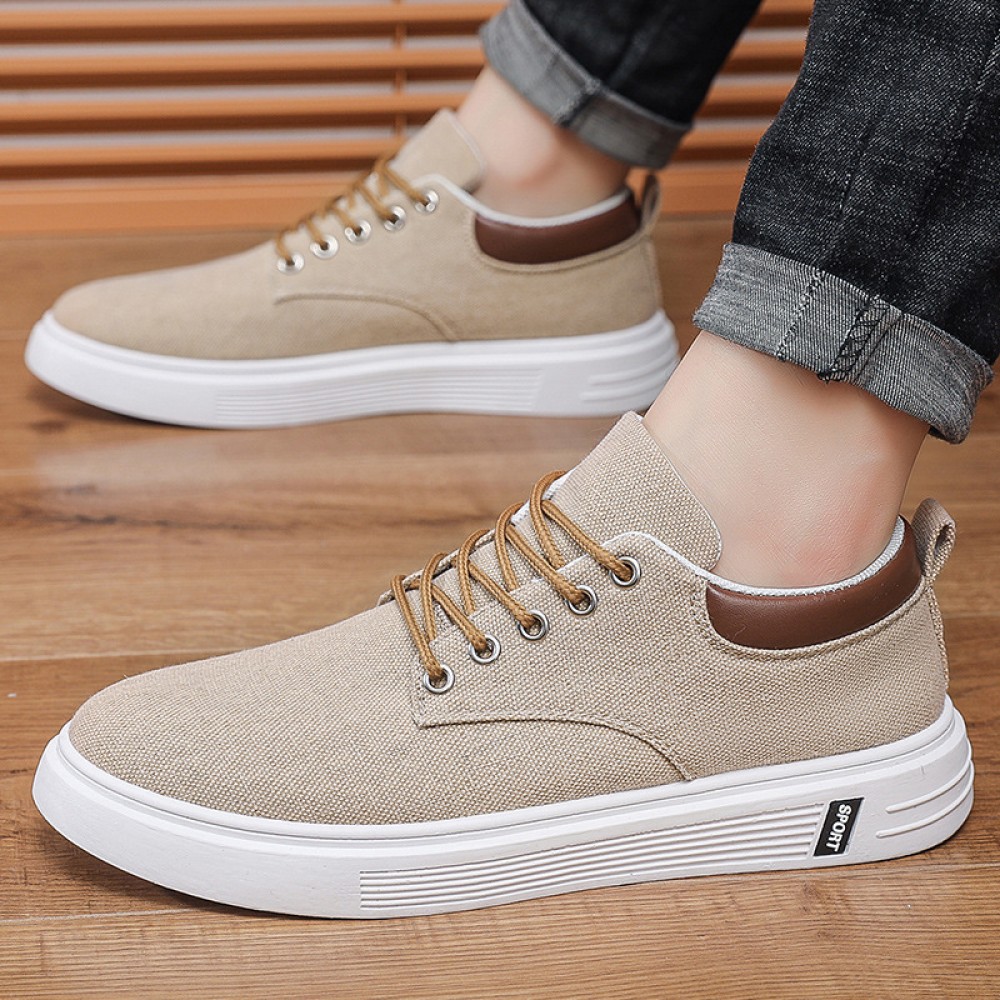 Men's Low-Top Lace-Up/Slip-On Canvas Sneakers - Breathable Round Toe Lightweight Running Shoes with PU Cushioned Arch Support, Wide Width Available - Tan/White/Gray/Transparent Color Options - All-Season Casual & Athletic Wear (Suitable for men,