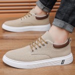 Men's Low-Top Lace-Up/Slip-On Canvas Sneakers - Breathable Round Toe Lightweight Running Shoes with PU Cushioned Arch Support, Wide Width Available - Tan/White/Gray/Transparent Color Options - All-Season Casual & Athletic Wear (Suitable for men,